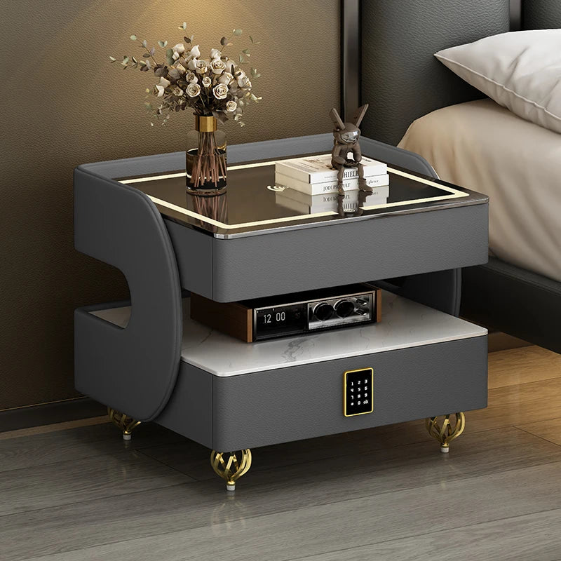 MC The Black Diamond coded lock USB rolling bedside side table with storage drawer and side surface for bedside convenience