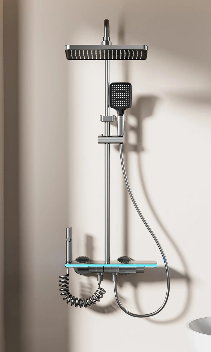 Digital bathroom shower faucet set with temperature display and rainfall shower head by MC THE BLACK DIAMOND.