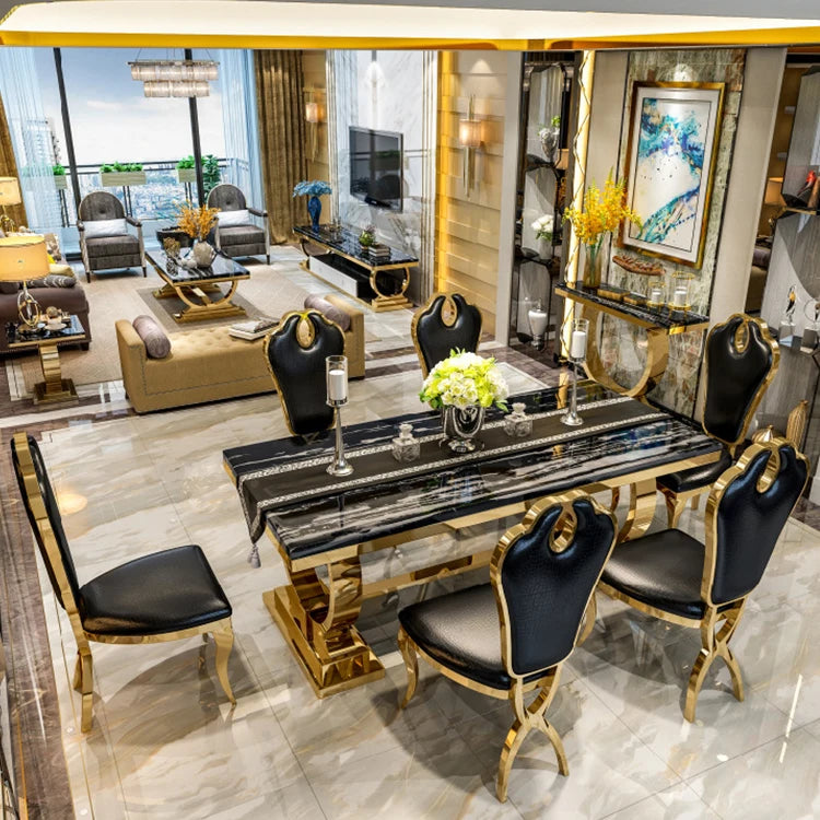Elegant light luxury dining table set by MC THE BLACK DIAMOND, featuring sleek wooden surfaces and modern home decor style.