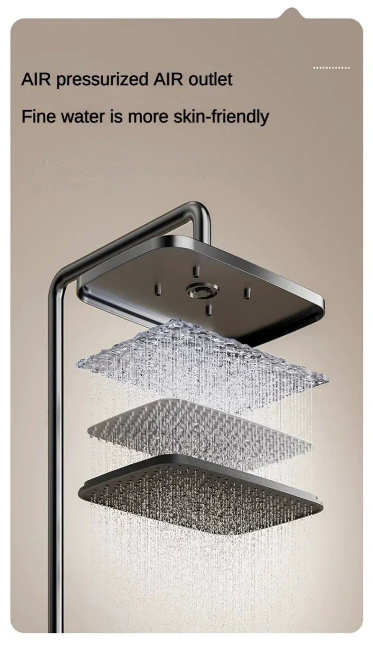 Wall-mounted MC THE BLACK DIAMOND shower system with rainfall showerhead and pressurized bath faucet in a modern bathroom setting.