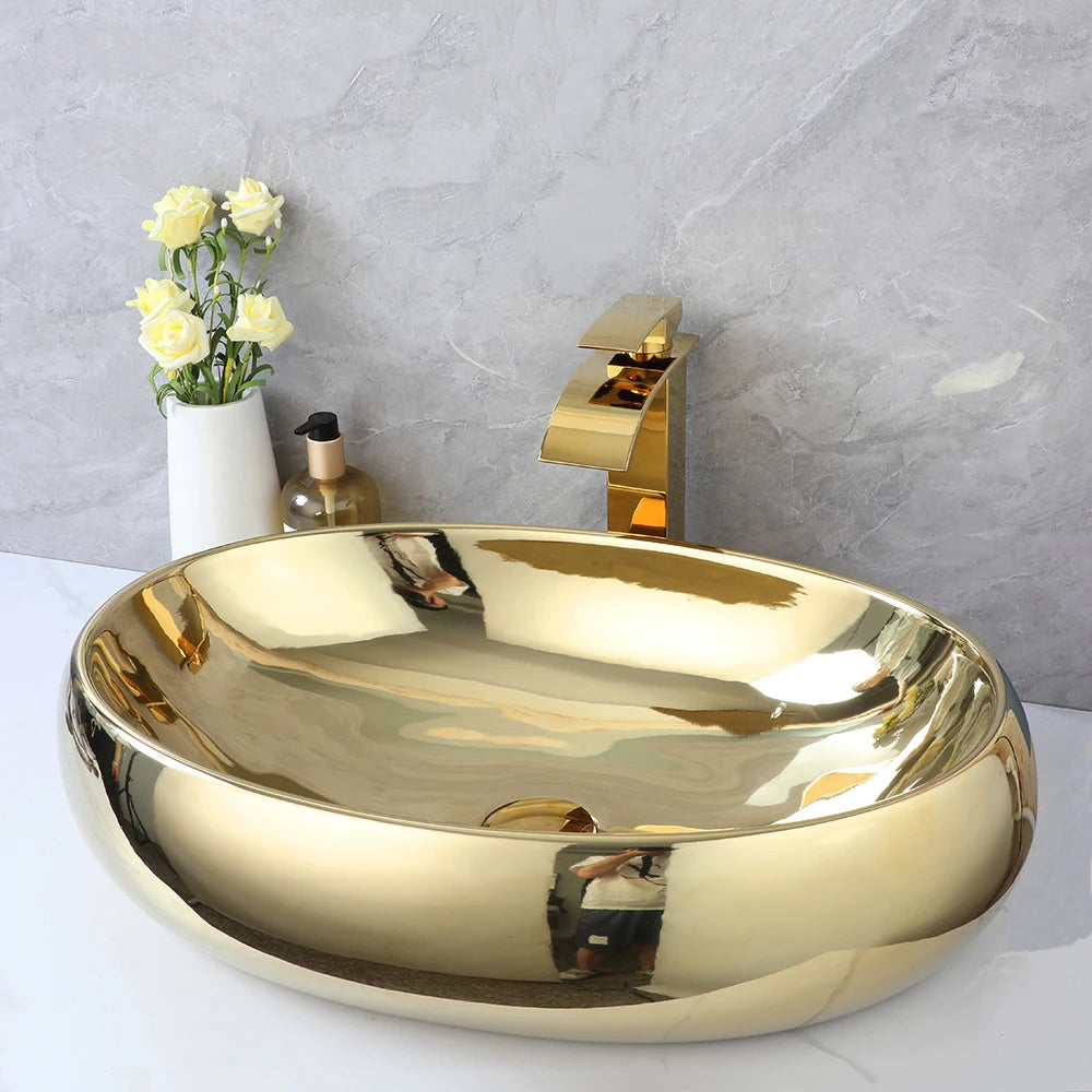 Gold Waterfall Vessel Sink and Faucet set by MC THE BLACK DIAMOND, modern vessel sink with matching faucet for bathroom decor