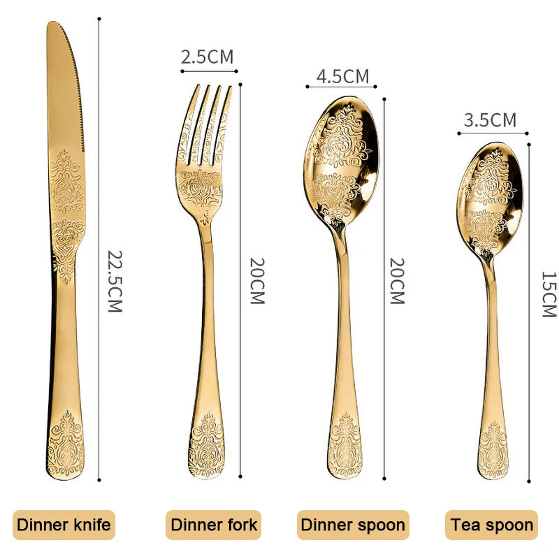Stainless steel gold flatware set by MC THE BLACK DIAMOND, including knives, forks, spoons, and serving utensils for elegant dining.