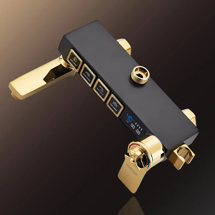 Luxury hot and cold digital bathroom rainfall shower head set with shower caddy by MC THE BLACK DIAMOND, showcasing the modern design and features.