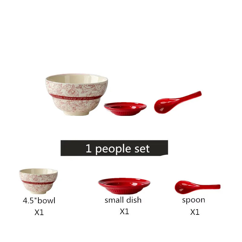 Red retro ceramic dinnerware set by MC THE BLACK DIAMOND, featuring luxurious porcelain plates and bowls with vintage design elements.