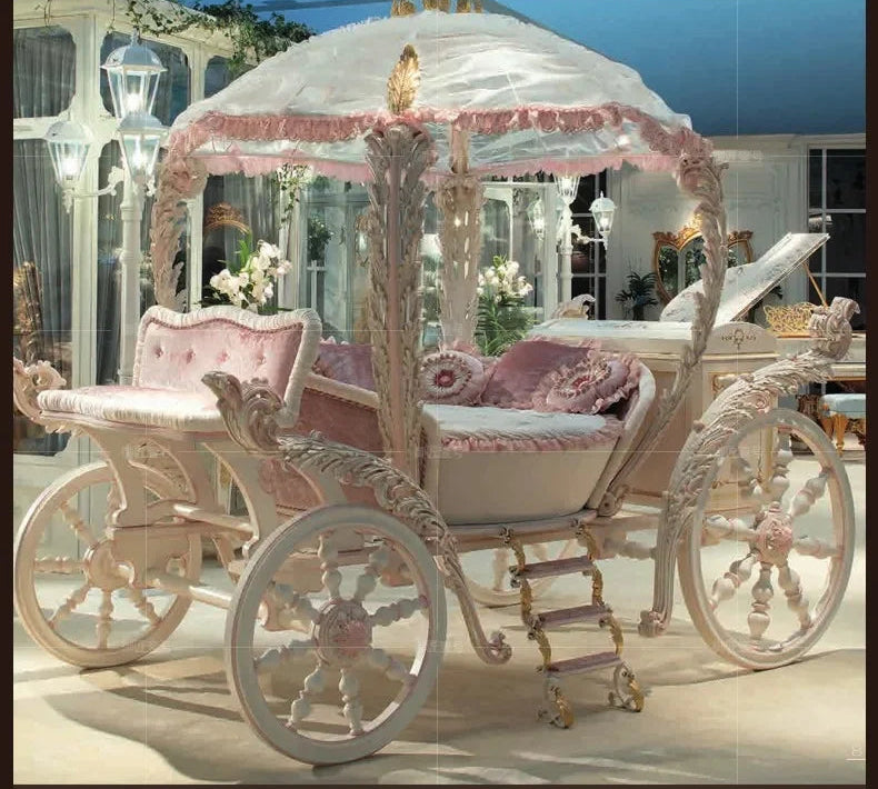 Pink royal princess carriage bed by MC THE BLACK DIAMOND, customized home decor piece resembling a fairy tale carriage for children.