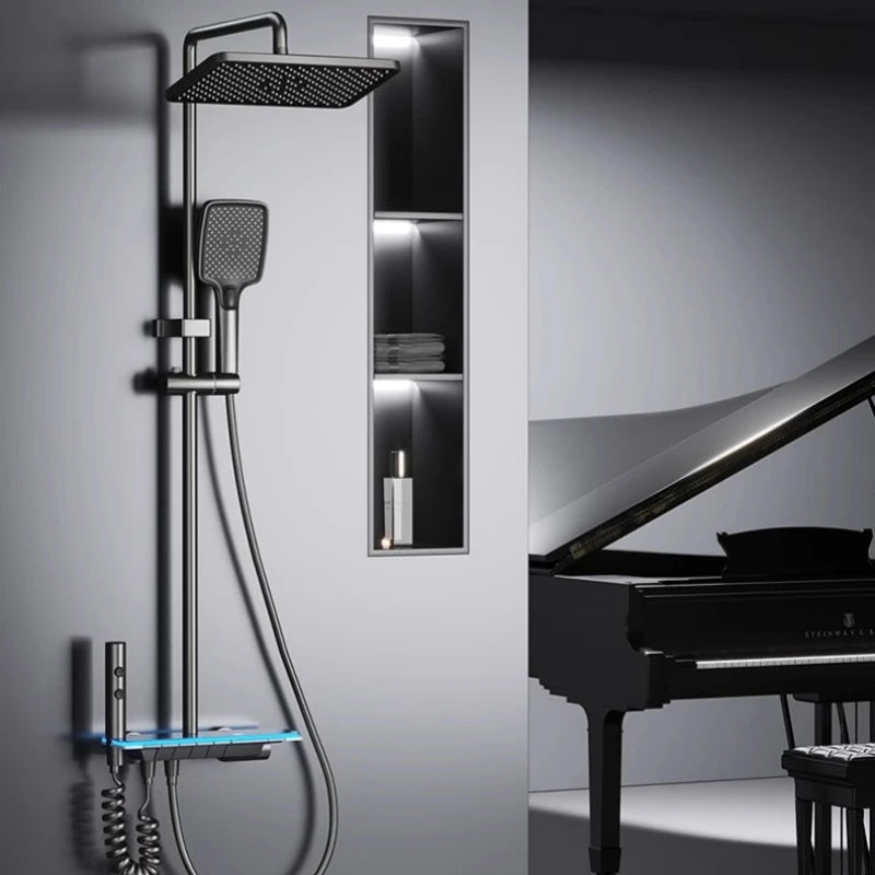 Wall-mounted rainfall shower system by MC THE BLACK DIAMOND featuring a sleek showerhead and modern design for a luxurious bathroom upgrade.