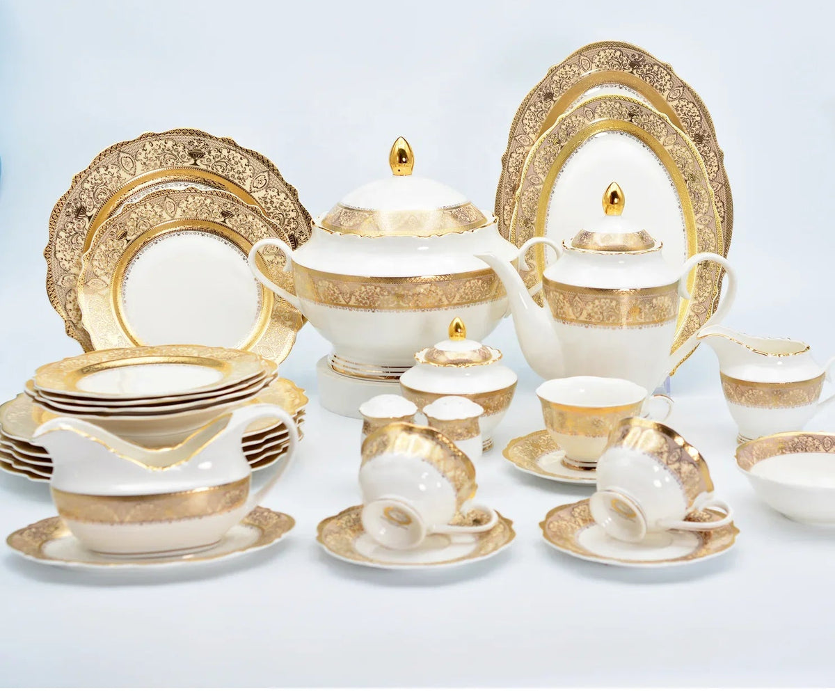 Luxury MC THE BLACK DIAMOND family size dinnerware set with plates, bowls, and mugs arranged on a dining table.