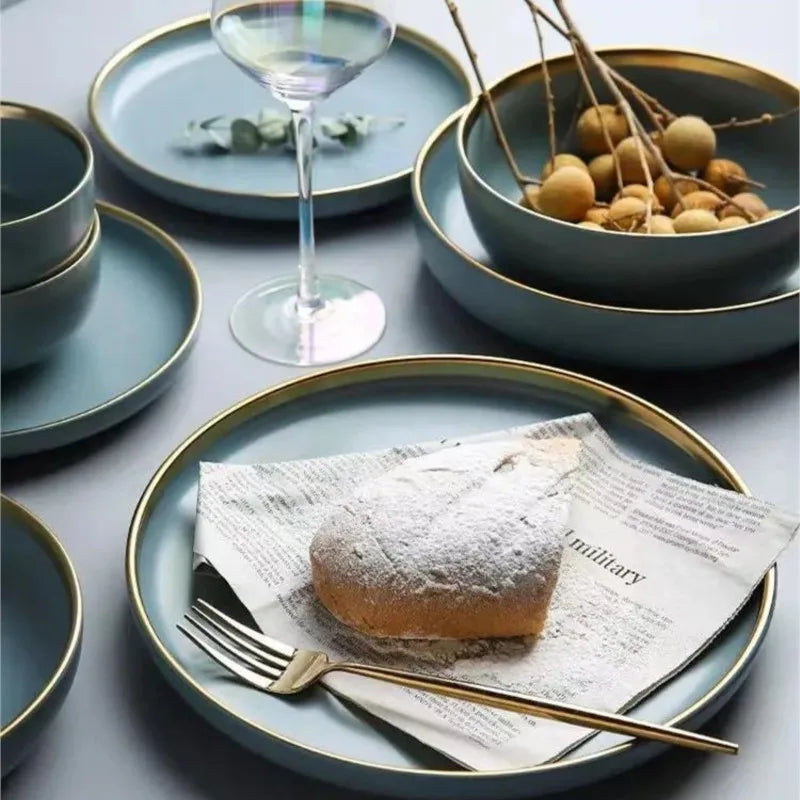 Matte ceramic dinnerware set with cereal bowls, dessert plates, and steak plates by 𝕄𝕔 𝕋𝕙𝕖 𝔹𝕝𝕒𝕔𝕜 𝔻𝕚𝕒