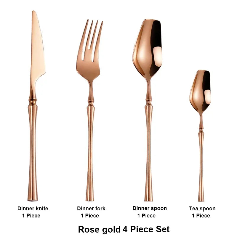 Matte stainless steel dinnerware set with black, gold, and silver finishes, featuring elegant, reflective surfaces and modern design.