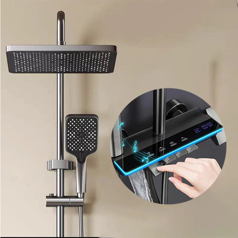 Wall-mounted MC THE BLACK DIAMOND shower system with rainfall showerhead and pressurized bath faucet in a modern bathroom setting.
