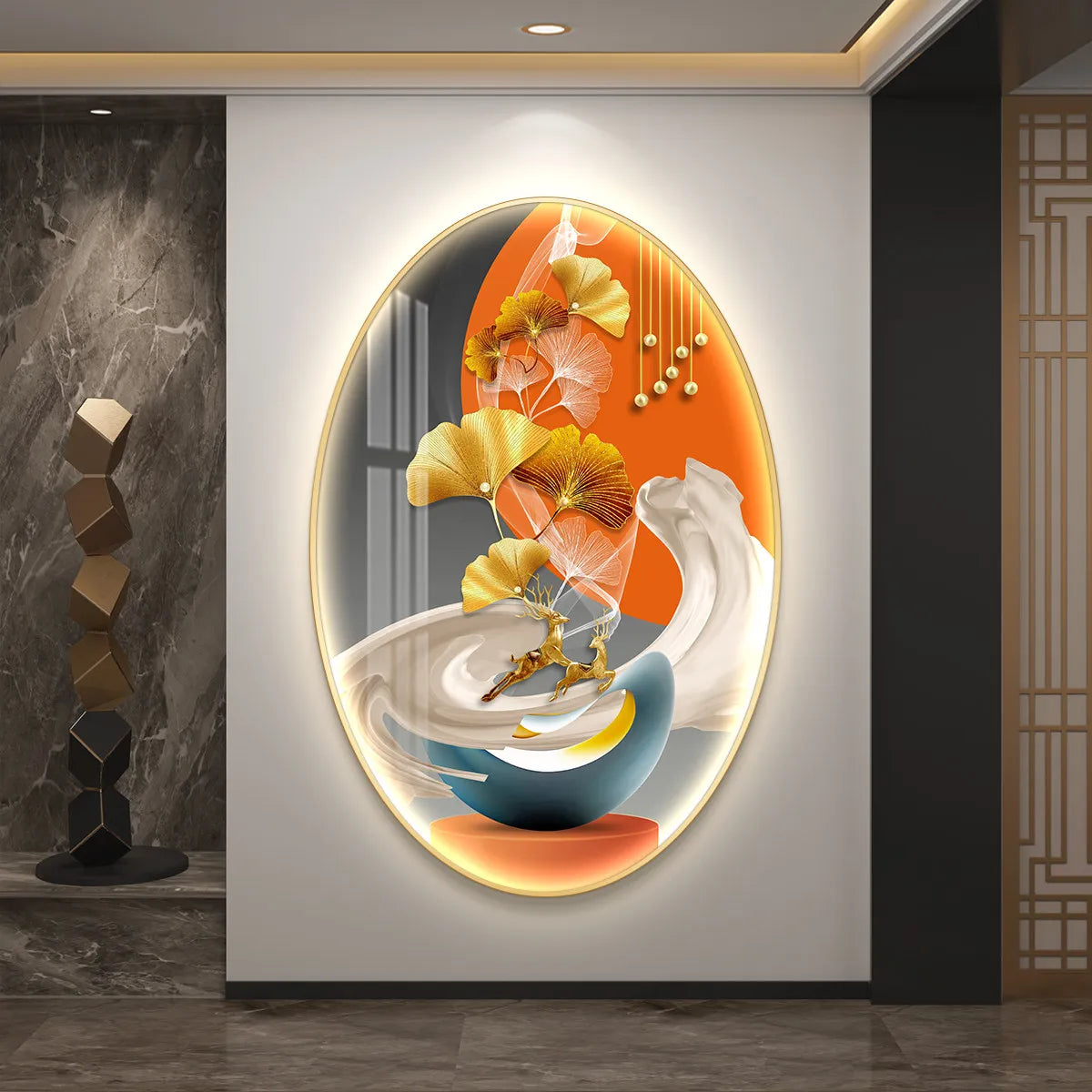 High-end living room wall decor painting poster with luminous LED light art by MC THE BLACK DIAMOND, ideal for modern corridor aesthetics.