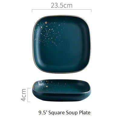 Dark green ceramic Western dinnerware set by MC THE BLACK DIAMOND, includes plates and bowls with Nordic design details.