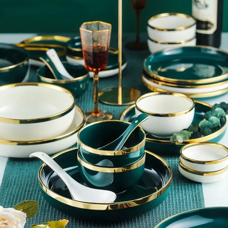 Elegant luxury dinnerware set by MC THE BLACK DIAMOND featuring royal-style design and matching dinner plates, bowls, and serving pieces.