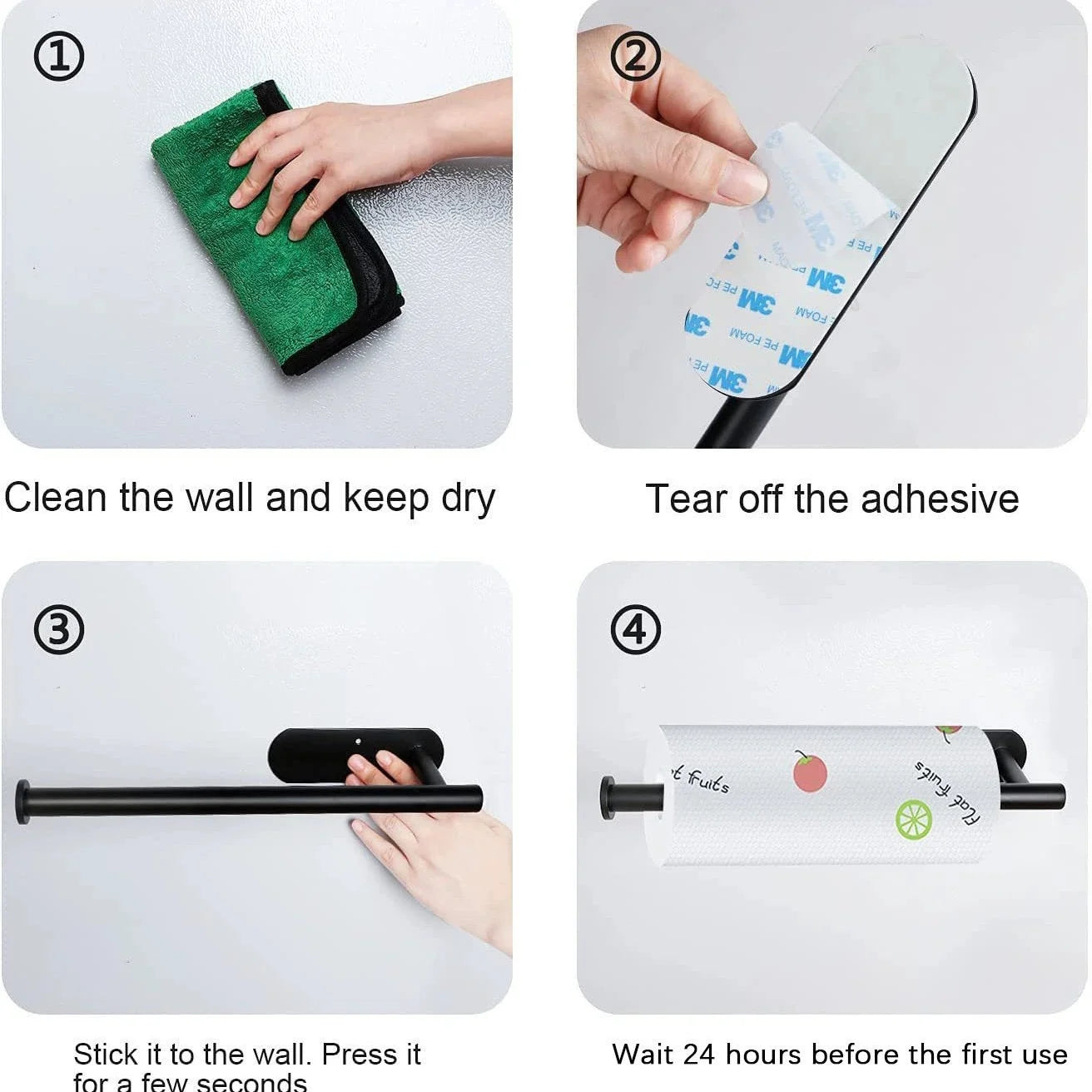 Self-adhesive paper towel holder by MC THE BLACK DIAMOND mounted under kitchen cabinet for convenient towel storage.