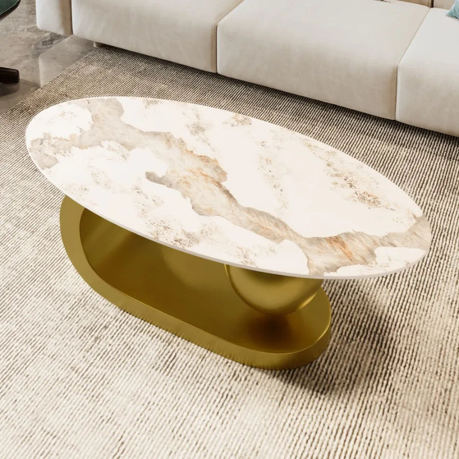 Modern oval coffee table with marble-patterned sintered stone top and gold stainless steel base, 47.2 inches, from MC THE BLACK DIAMOND.