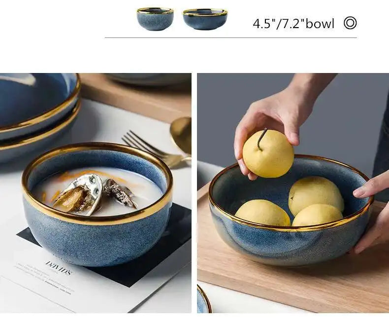 Light Luxury Dishes Steak Dessert Dinnerware Set by MC THE BLACK DIAMOND, featuring elegant plates and bowls on a stylish table.