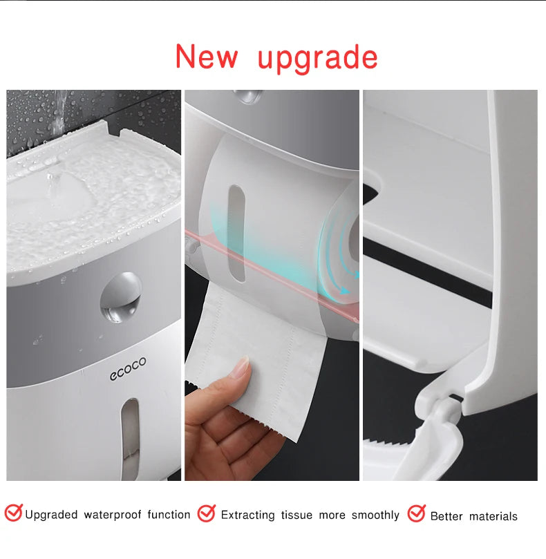 Plastic portable toilet paper holder with waterproof double-layer dispenser, designed for bathroom storage and accessories.