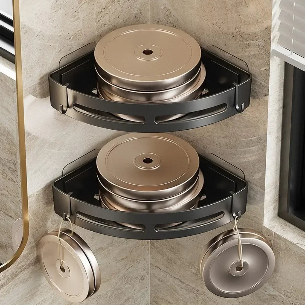 MC The Black Diamonds no-drill shower caddy and bathroom organizer with multiple shelves and hooks for bath storage.