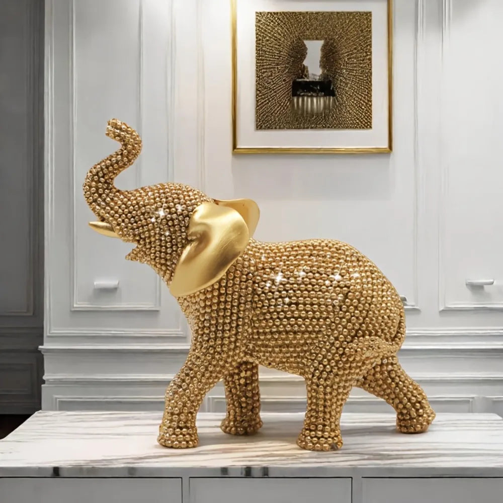 Golden elephant beaded figurine from MC THE BLACK DIAMOND, decorative animal ornament for good luck, holiday or housewarming decor.