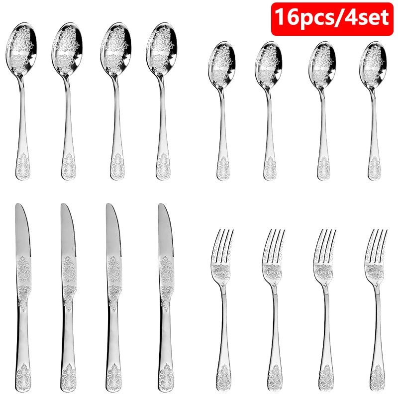 Silverware set with stainless steel gold cutlery, including forks, knives, and spoons, from MC THE BLACK DIAMOND flatware collection.