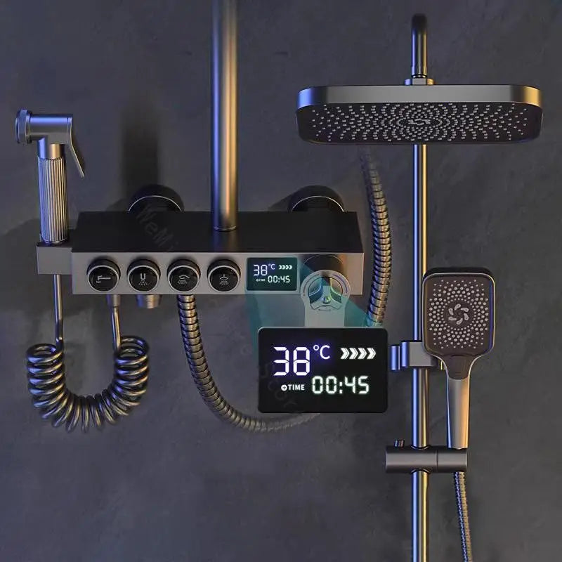 Modern MC THE BLACK DIAMOND multi-function shower system with overhead and handheld shower heads in sleek design.