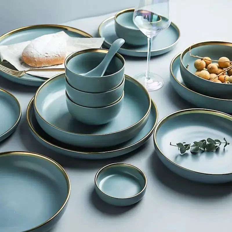 Matte ceramic dinnerware set with cereal bowls, dessert plates, and steak plates by 𝕄𝕔 𝕋𝕙𝕖 𝔹𝕝𝕒𝕔𝕜 𝔻𝕚𝕒
