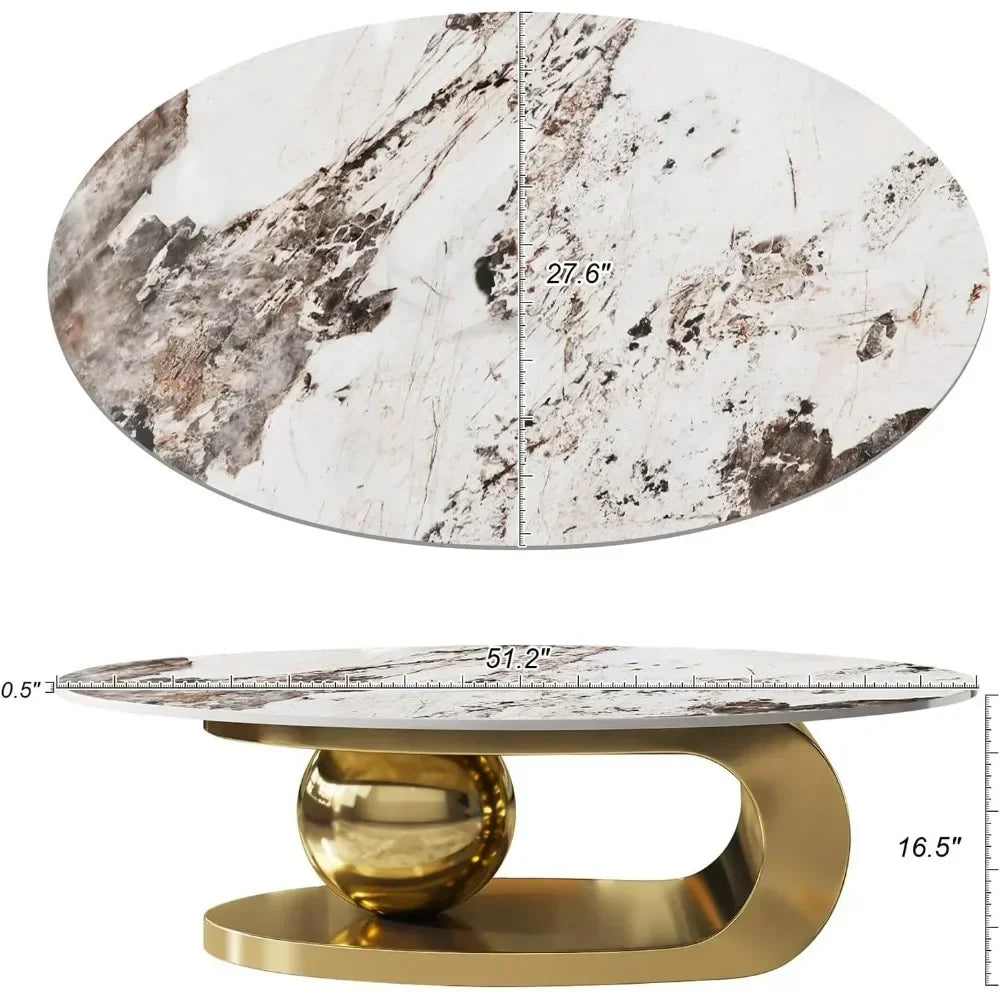 Modern oval stone coffee table with gold metal base, 51 inches long, stylish addition to living room decor, by 𝕄𝕮 𝕋𝕙𝕖 𝔹𝕝𝕒𝕔𝕜 𝔻