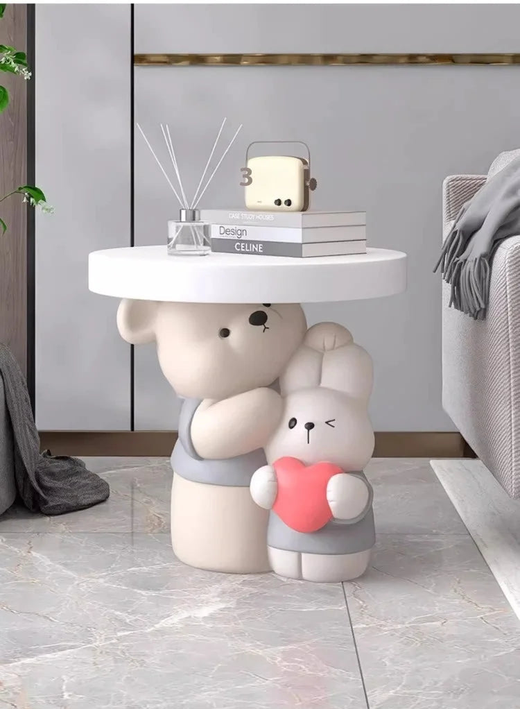 Cream-colored MC THE BLACK DIAMOND parent-child bear statue coffee table for home decor, showing detailed bear figures on a smooth surface.