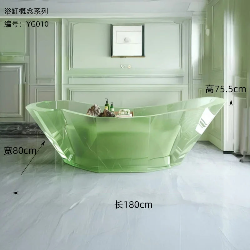 Transparent MC THE BLACK DIAMOND freestanding resin bathtub with crystal-like corrugated design for couples.