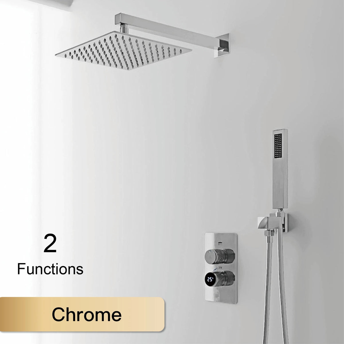 MC THE BLACK DIAMOND LED digital display shower system with dual control for hot and cold water in a modern bathroom setup.