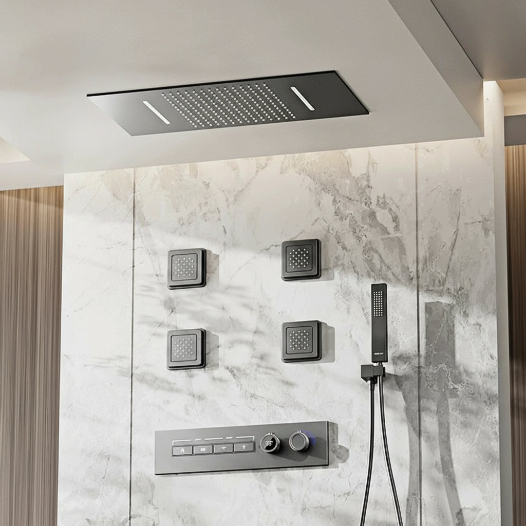 LED digital display dual control bathroom shower faucet system by MC THE BLACK DIAMOND with hot and cold water controls.