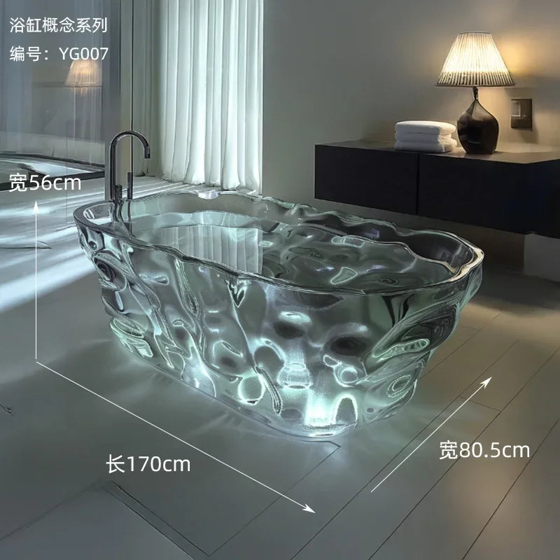 Transparent freestanding bathtub by MC THE BLACK DIAMOND featuring crystal-clear resin and elegant corrugated design.