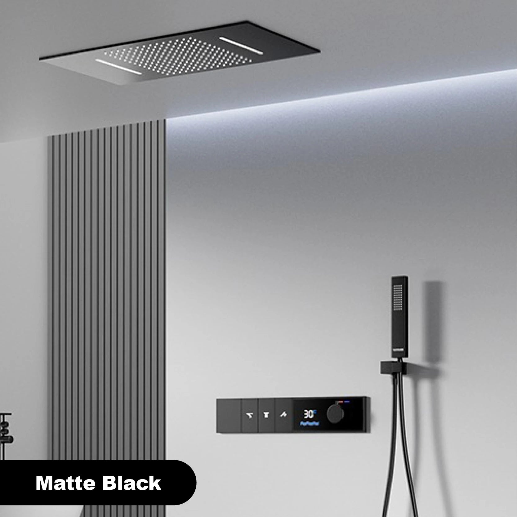 LED digital display shower system with three spray modes by MC THE BLACK DIAMOND, featuring modern shower heads and controls.