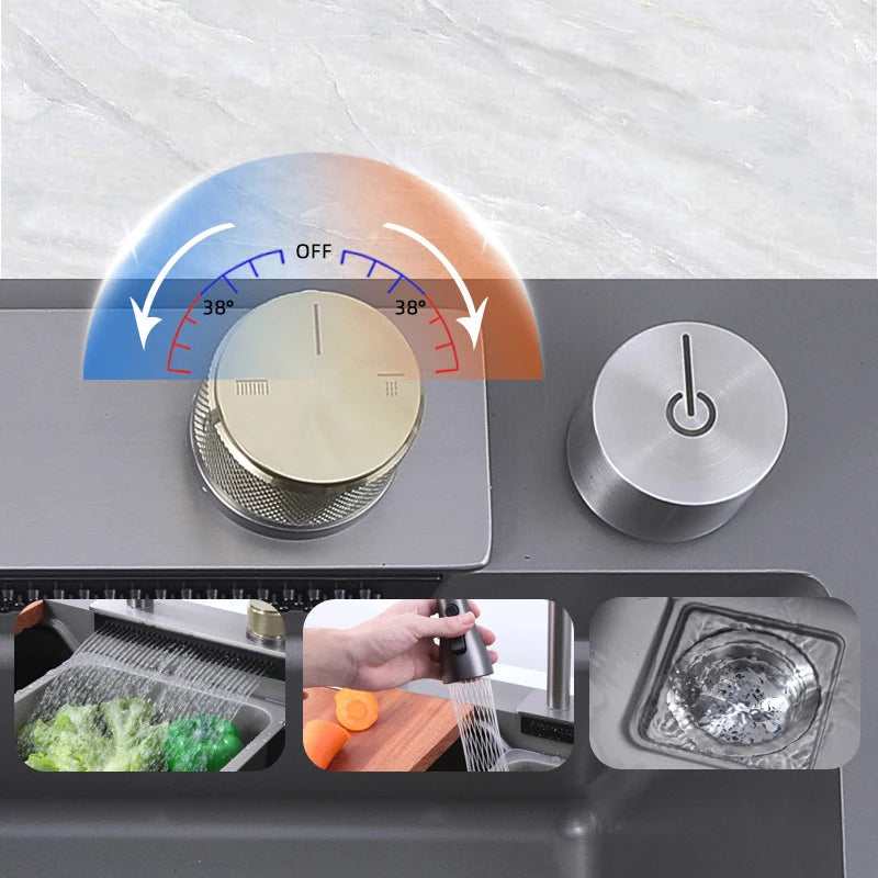MC THE BLACK DIAMOND kitchen sink waterfall faucet with large single bowl cup washer, modern design and easy-to-use water flow.