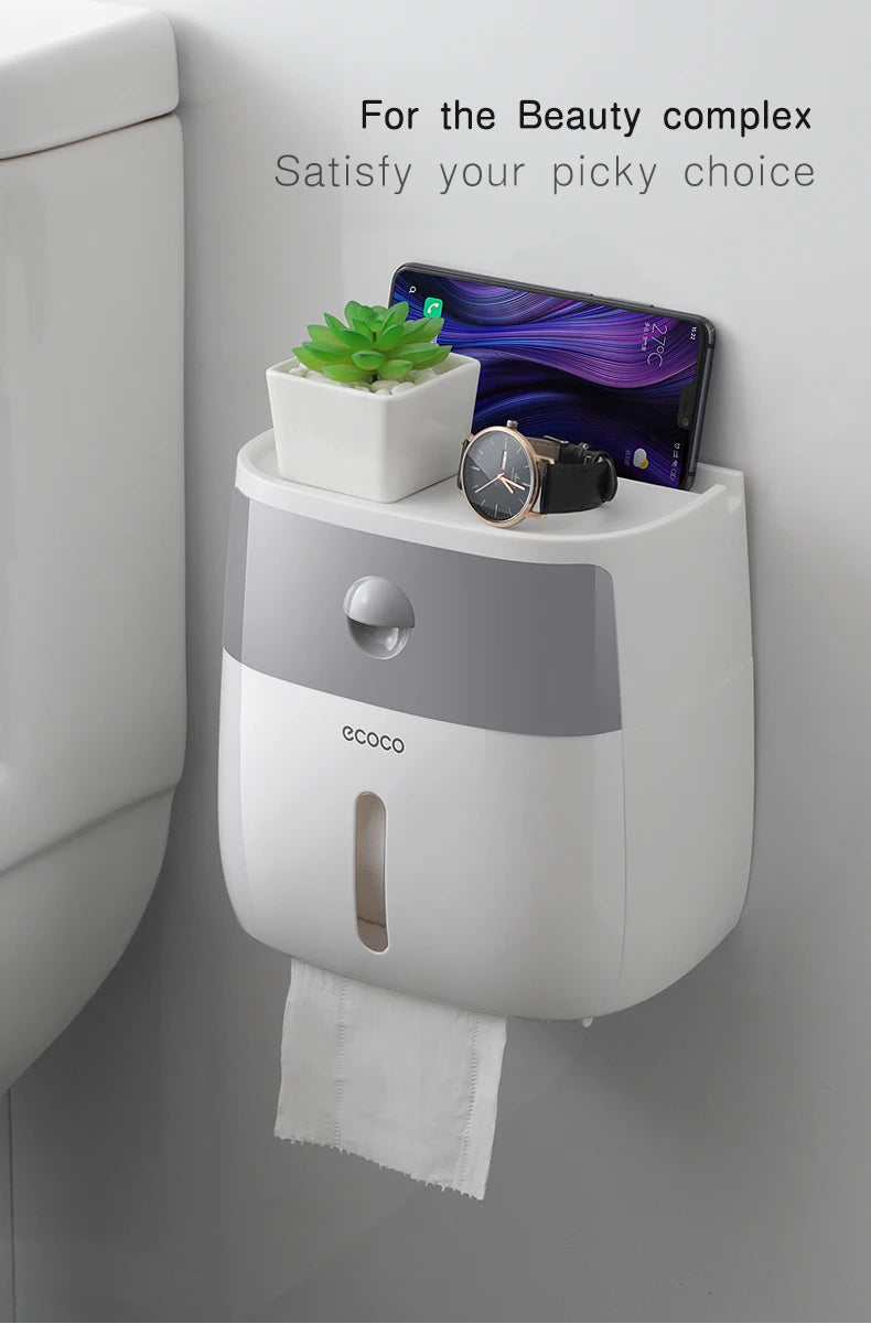Plastic portable toilet roll holder with waterproof double-layer dispenser, designed for bathroom storage and accessories.