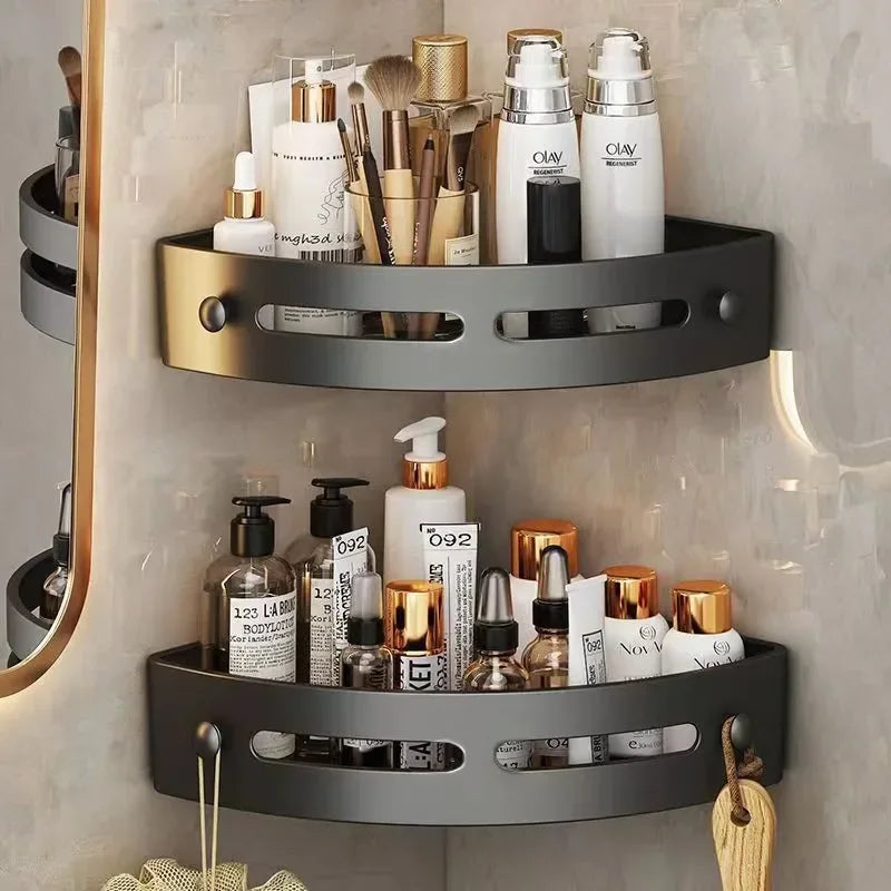 MC The Black Diamonds no-drill shower caddy and bathroom organizer with multiple shelves and hooks for toiletries.