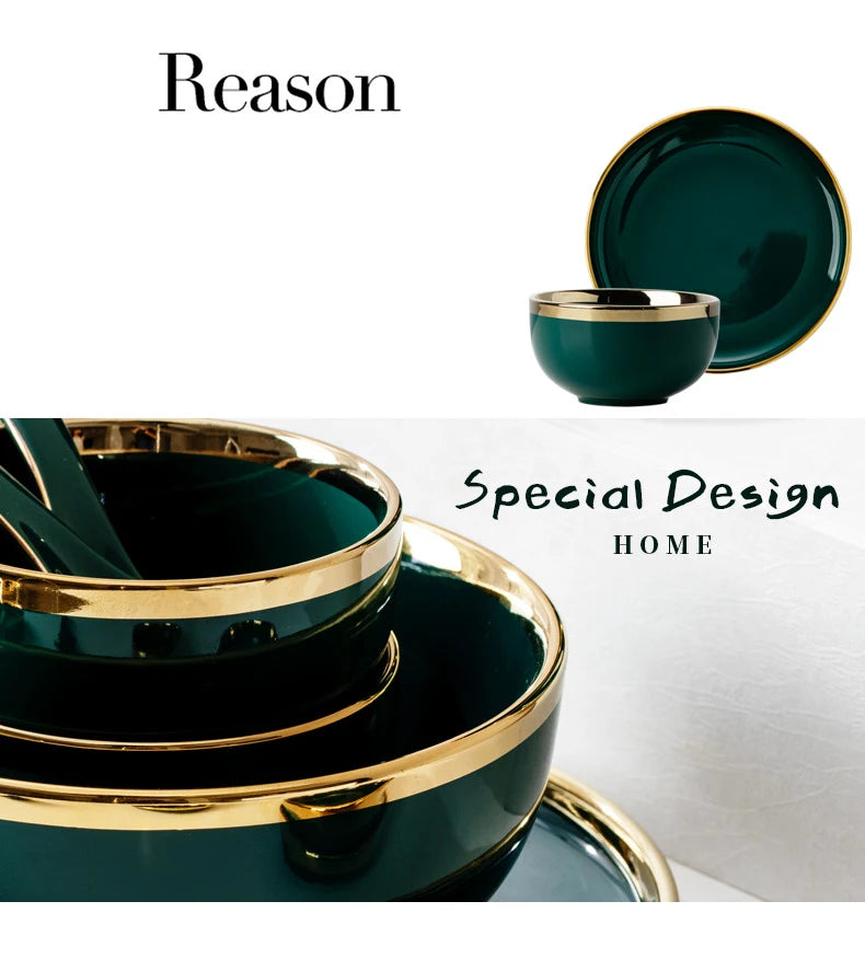 Dark green ceramic cutlery bowls set with gold-plated accents, including rice bowls and serving dishes from 𝕄𝕔 𝕋𝕙𝕖 𝔹𝕝𝕒𝕔𝕜 𝔻𝕚