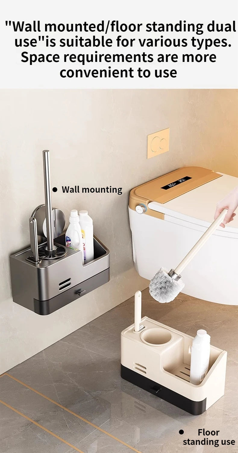 Wall-mounted MC THE BLACK DIAMOND bathroom brush holder with storage compartment, designed for organized bathroom cleaning supplies.