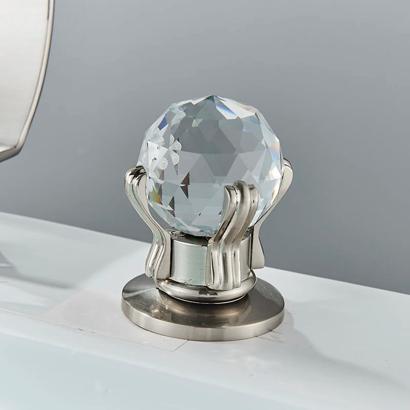 MC THE BLACK DIAMOND waterfall basin faucet with crystal handles for bath sink, showcasing sleek modern design and shiny chrome finish.