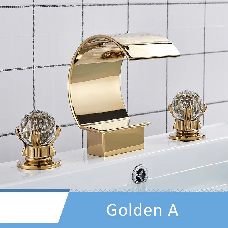 Waterfall basin faucet with crystal handles by MC THE BLACK DIAMOND, designed for bath sink installation, featuring elegant water flow.