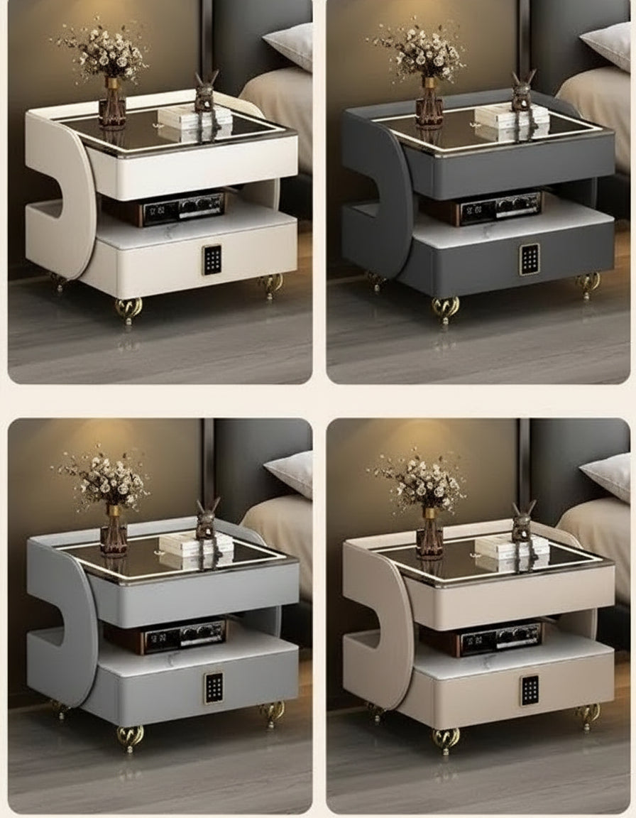 MC THE BLACK DIAMOND coded lock USB rolling bedside table, stylish side table with lockable drawer and USB port for convenience.