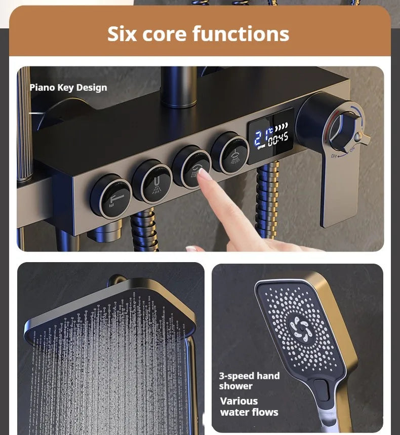 Modern MC THE BLACK DIAMOND multi-function shower system with handheld and overhead shower heads in a sleek bathroom setup.