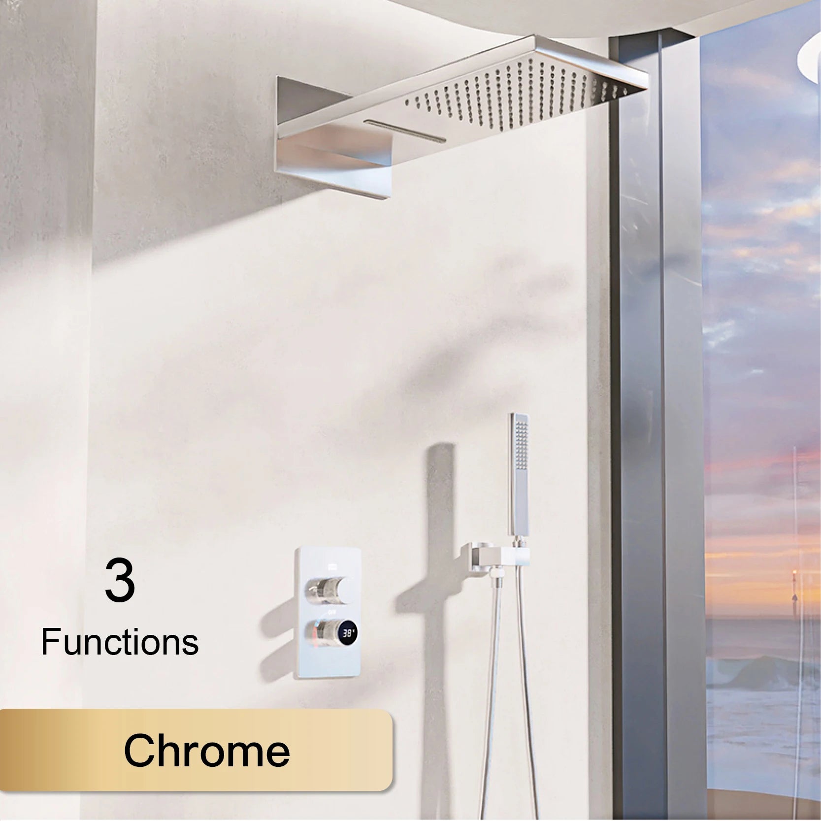 LED digital display shower system by MC THE BLACK DIAMOND with dual control for hot and cold water in a modern bathroom.