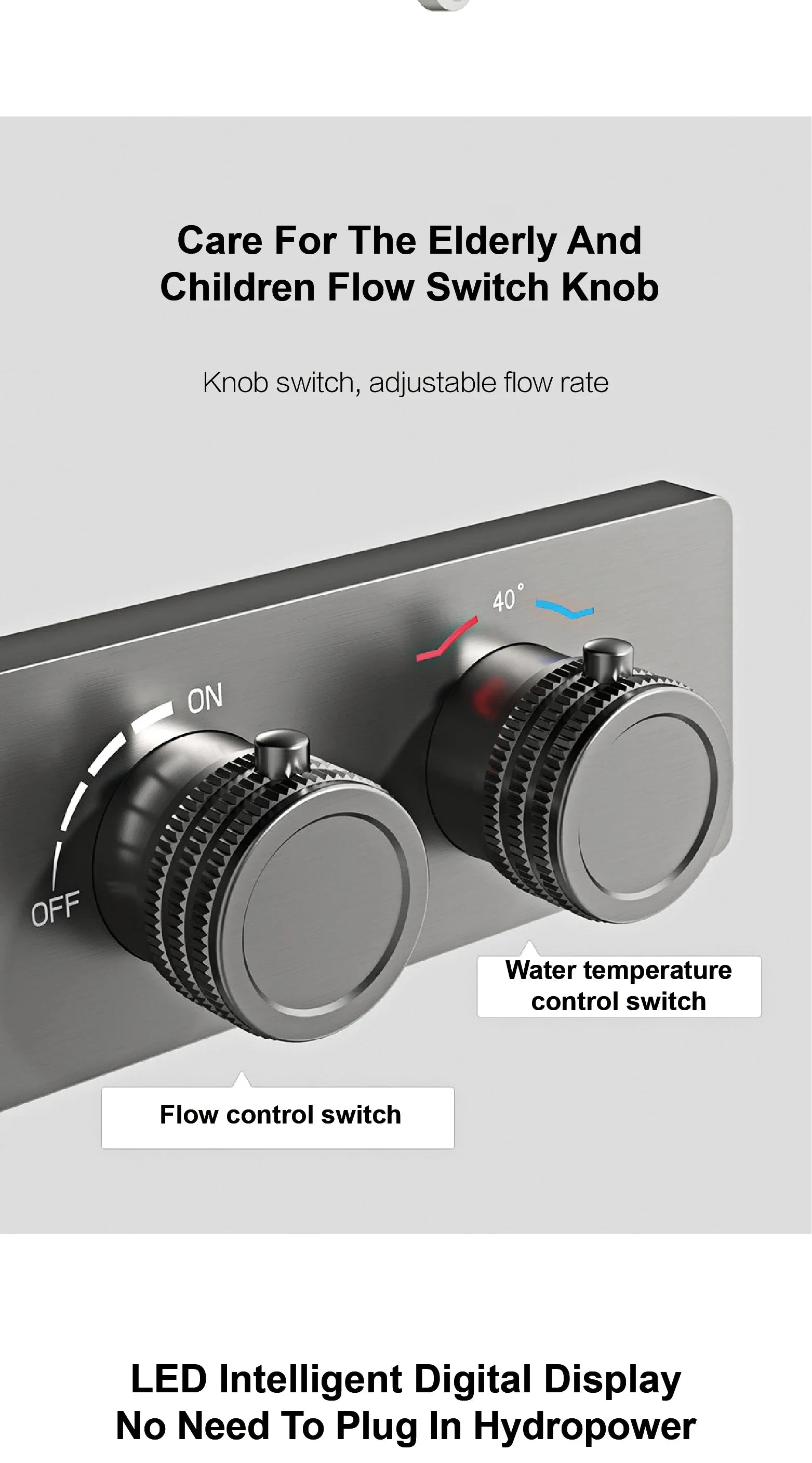 LED digital display hot and cold water bathroom shower system by MC THE BLACK DIAMOND, featuring a sleek modern design.