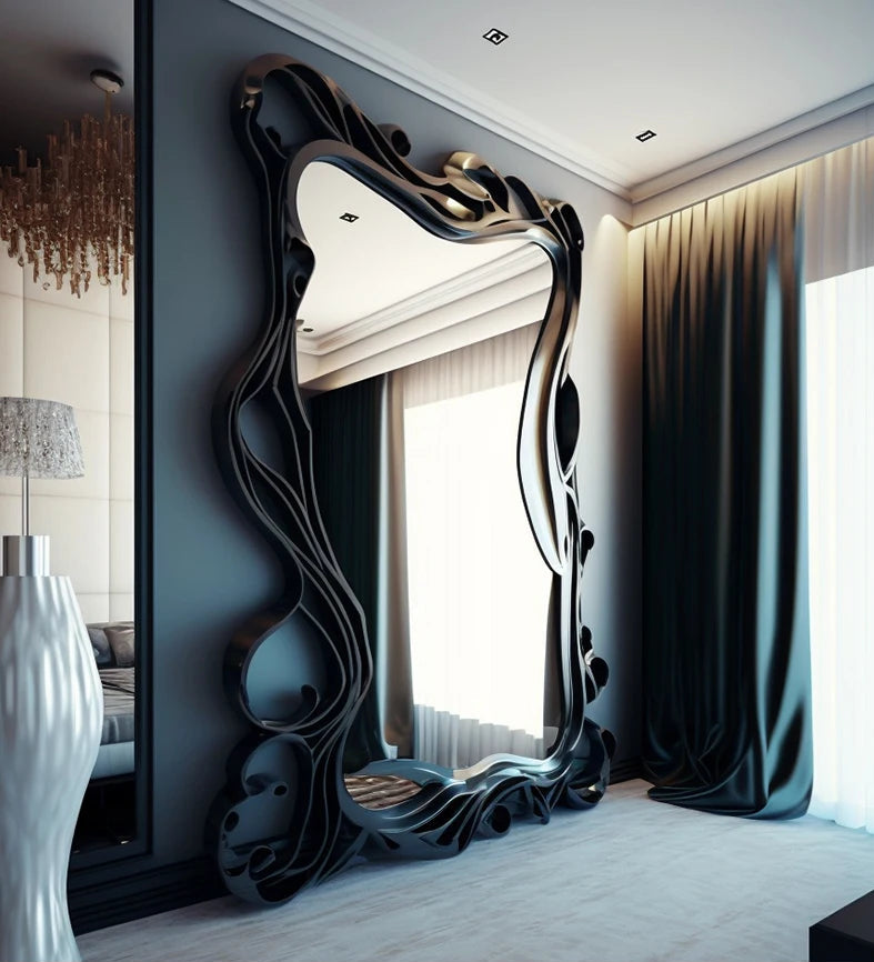 Full-body bedroom mirror by MC THE BLACK DIAMOND, aesthetic home decor mirror for room decoration, reflecting a modern interior.