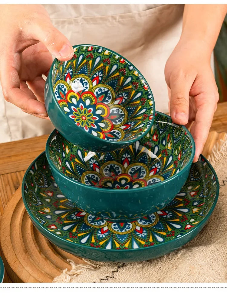 Bohemia ceramic rice bowl serving plate with intricate black diamond pattern, crafted by 𝕄𝕔 𝕋𝕙𝕖 𝔹𝕝𝕒𝕔𝕜 𝔻𝕚𝕒�