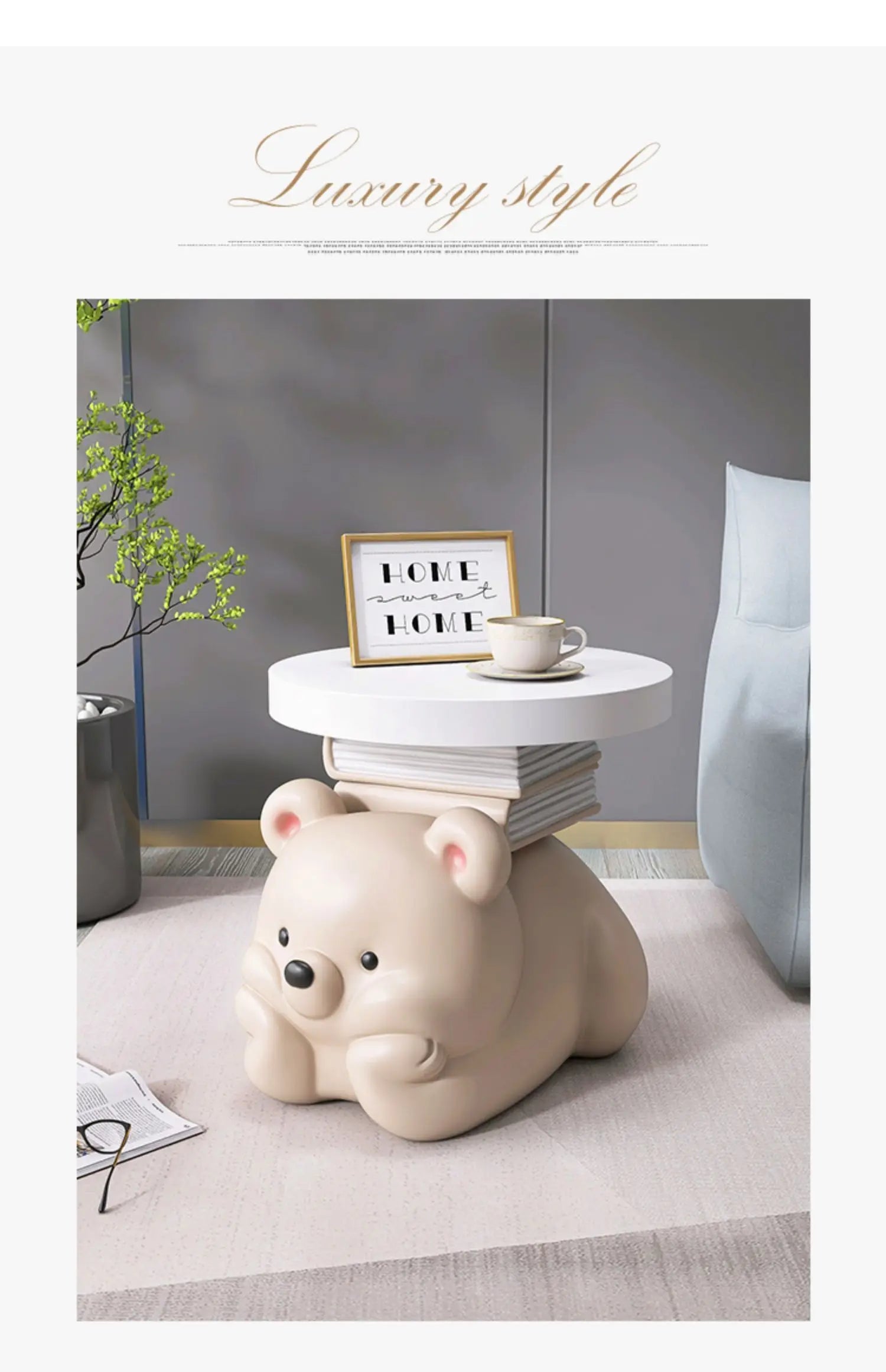 Cream bear-shaped MC THE BLACK DIAMOND end table, living room floor ornament with a cute animal design and functional surface.