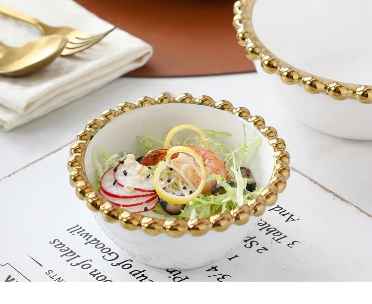 Nordic ceramic plates and bowls set with gold round dot edge, ideal for steak, salad, and desserts, from 𝕄𝕔 𝕋𝕙𝕖 𝔹𝕝𝕒𝕔𝕜 𝔻
