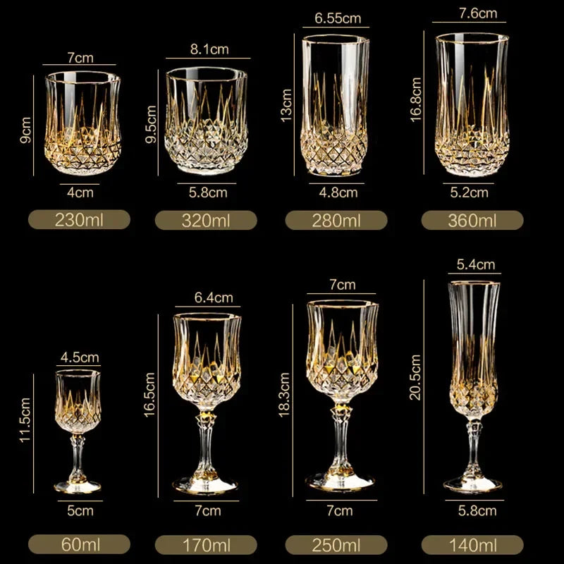 Gold crystal glass red cup from MC THE BLACK DIAMOND drinkware set, featuring elegant transparent glass with a gold rim.