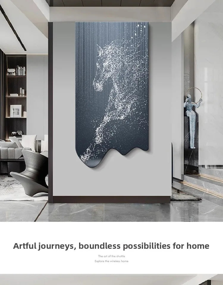 Modern art wall decor poster featuring a luminous horse painting by MC THE BLACK DIAMOND, ideal for luxury living room or corridor decor.
